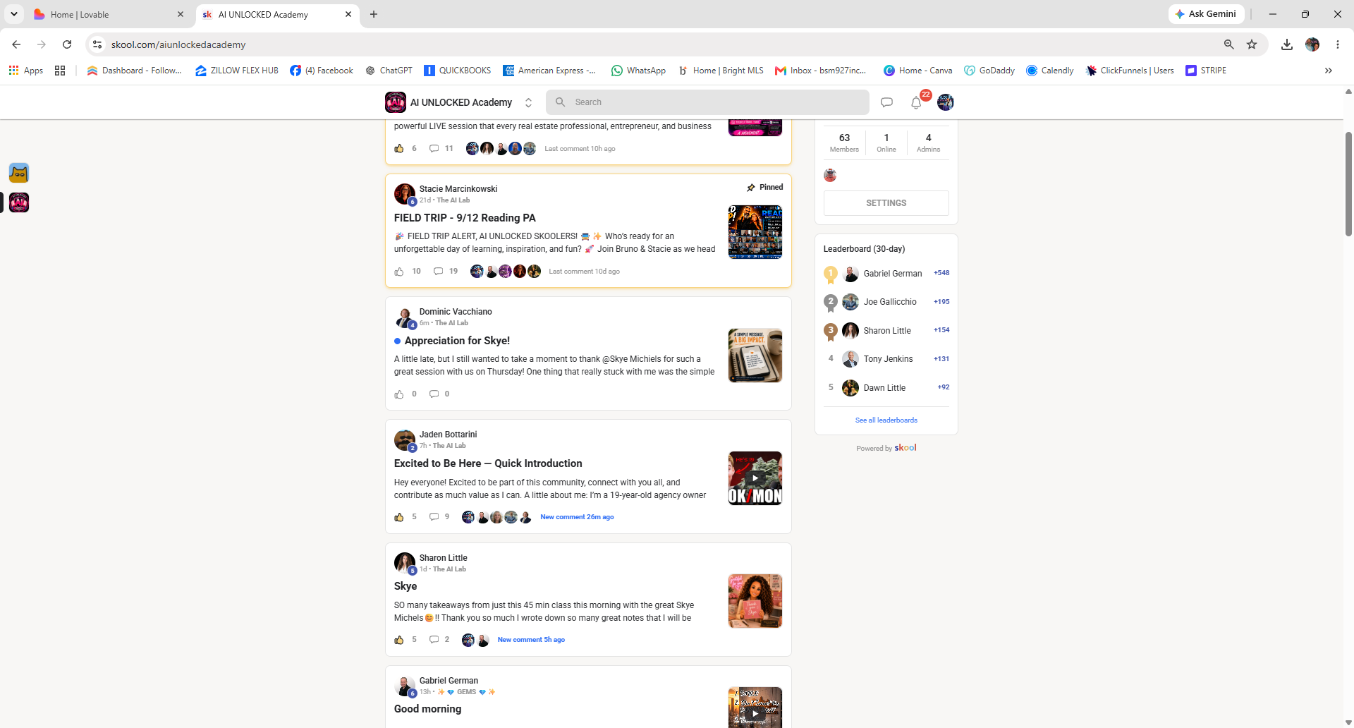 Inside the AI UNLOCKED Academy community feed on Skool