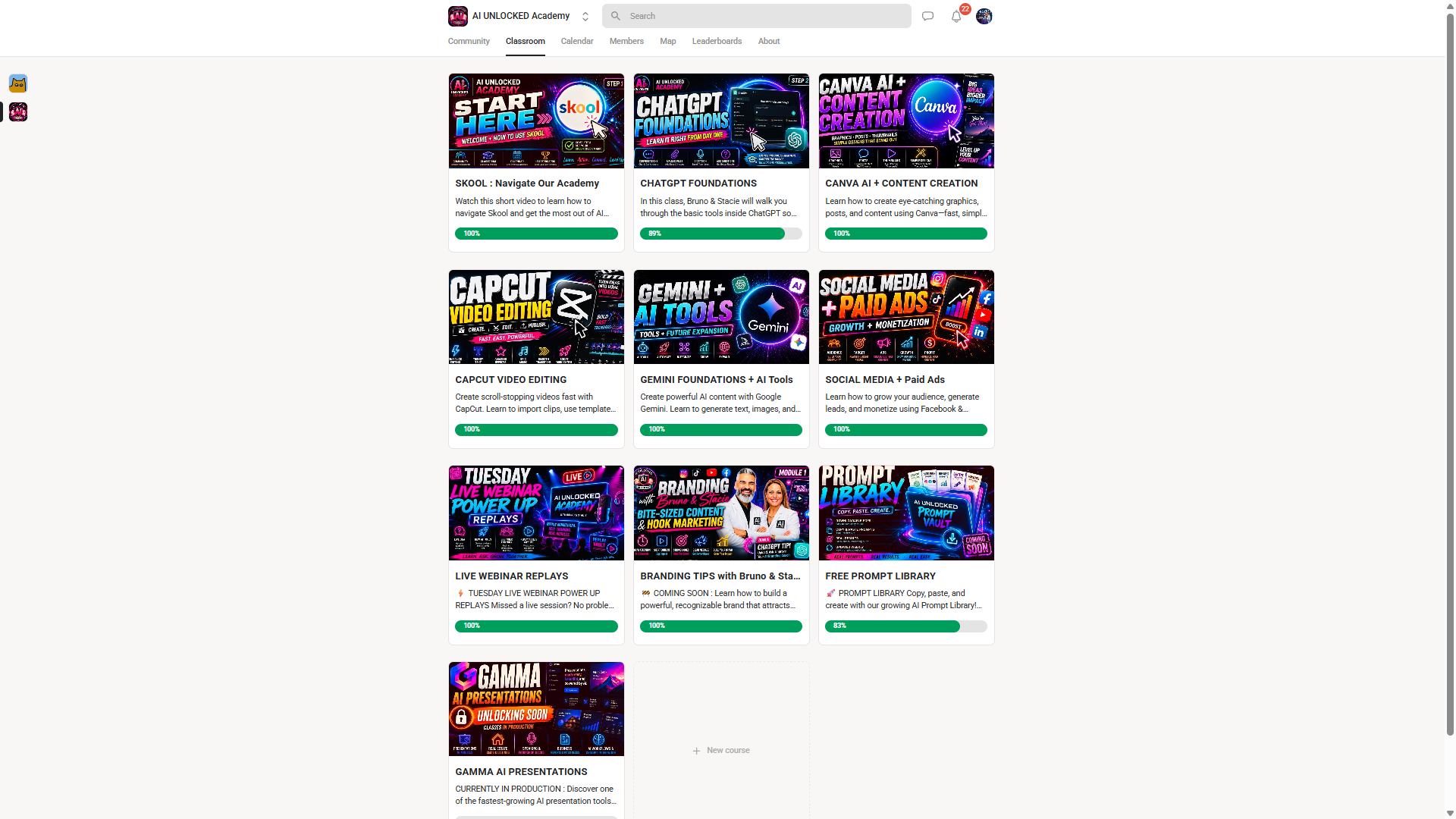 AI UNLOCKED Academy classroom tiles — ChatGPT, Canva AI, CapCut, Gemini, and more